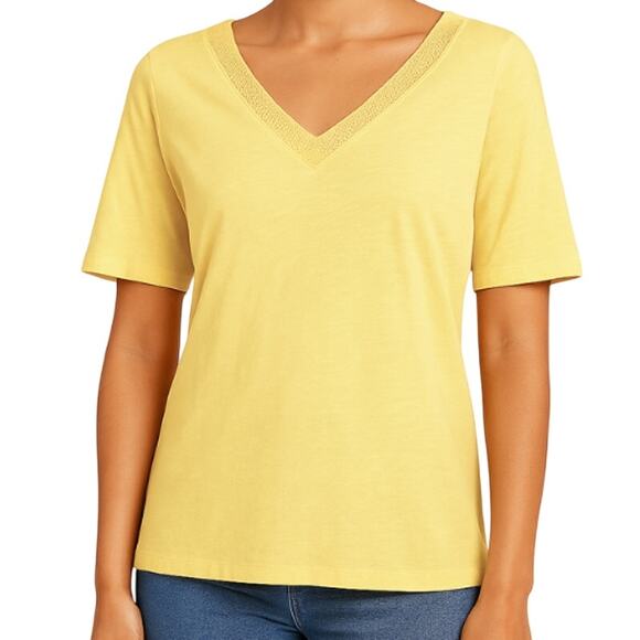 Banana Republic Butter Yellow Mesh Trim V-Neck Tee EUC Size XS - Picture 1 of 3